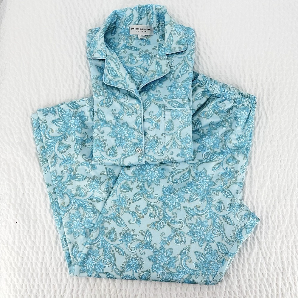 Miss Elaine Petites PS Blue Paisley Pajama Set Button Front Loungewear